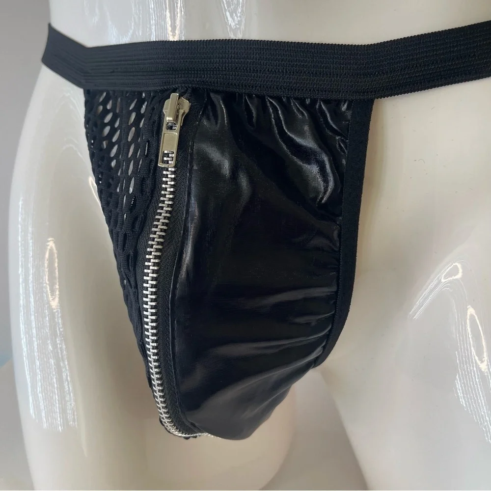Thong G-String Black Medium Mens Zipper Front Reveal New With Tags